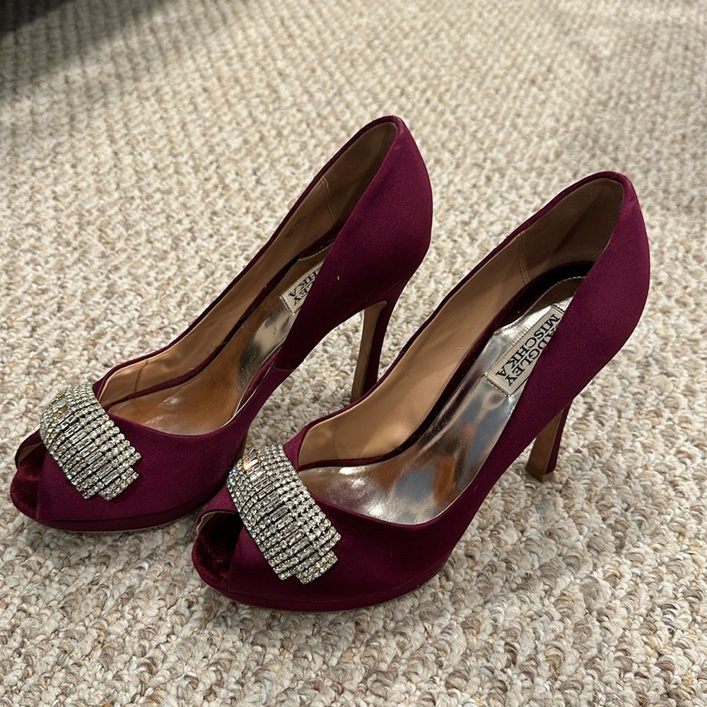 Badgley Mischka Julia Satin Jewel Pumps Wine Color Hardly worn US 8.5 M